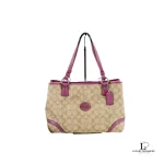 Pre-loved Coach Signature lavender and light brown monogram PVC shoulder bag, front view – secondhand designer, NZ