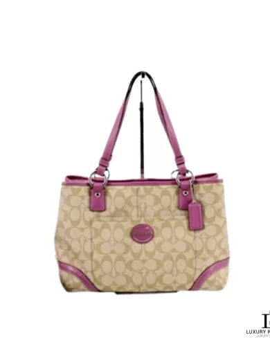 Pre-loved Coach Signature lavender and light brown monogram PVC shoulder bag, front view – secondhand designer, NZ