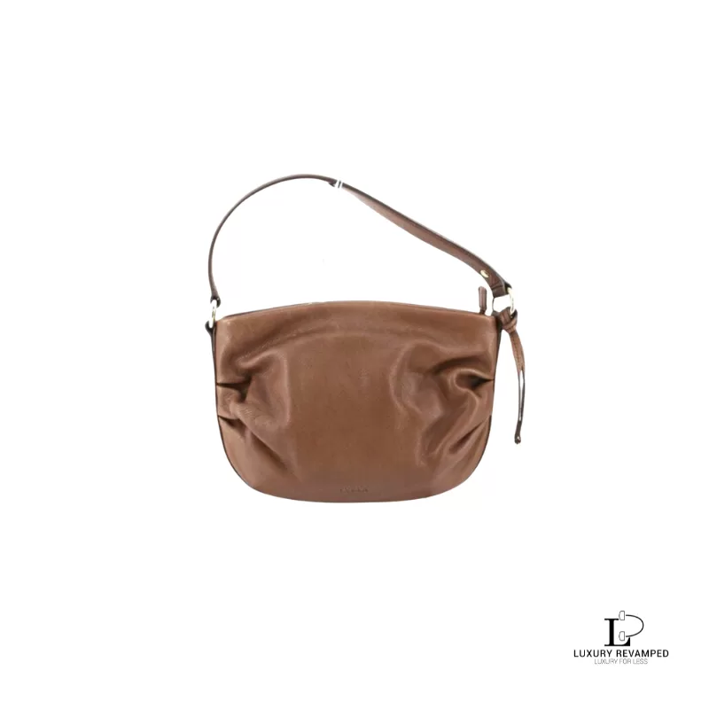 Pre-loved Furla chocolate brown leather baguette bag, front view – secondhand designer, NZ