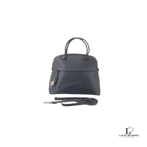 Pre-loved Furla bluish grey leather two-way handbag, front view – secondhand designer, NZ