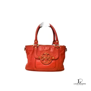 Pre-loved Tory Burch dark orange leather two-way handbag, front view – secondhand designer, NZ