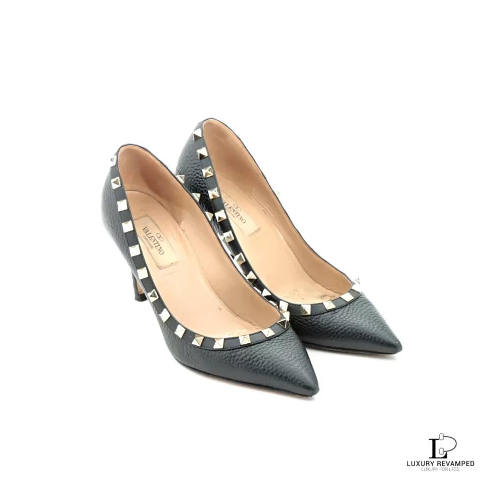 Pre-loved Valentino Garavani Rock Stud black leather heeled pumps, size 36.5, front view – secondhand designer, NZ