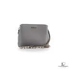 Pre-loved Furla grey Saffiano leather chain crossbody bag, front view – secondhand designer, NZ