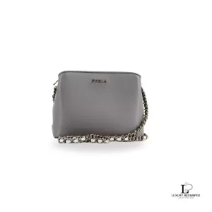 Pre-loved Furla grey Saffiano leather chain crossbody bag, front view – secondhand designer, NZ