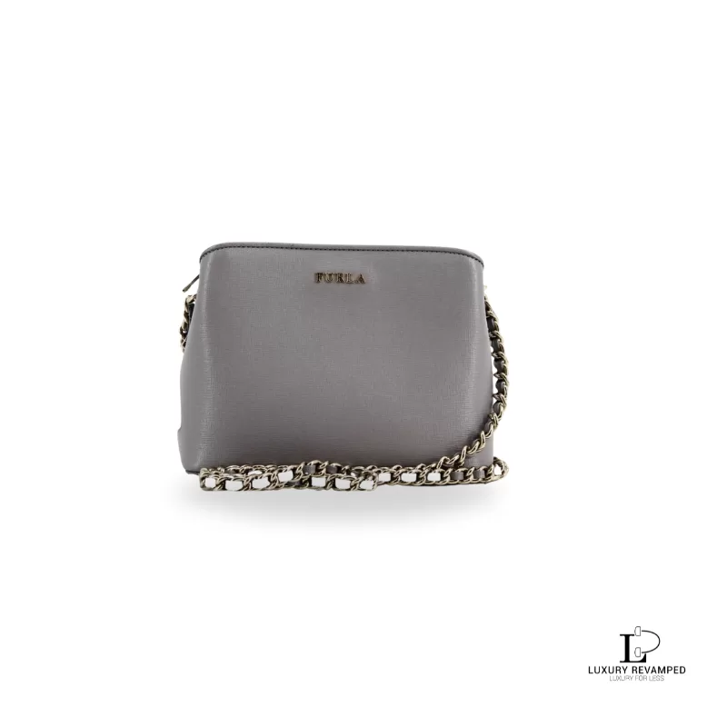 Pre-loved Furla grey Saffiano leather chain crossbody bag, front view – secondhand designer, NZ