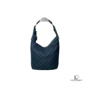 Pre-loved Gucci GG monogram black leather and fabric Jackie-type hobo bag, front view – secondhand designer, NZ