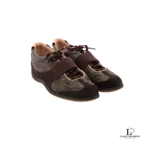 Pre-loved Louis Vuitton Year 04 brown leather and fabric ladies' sneakers, size 37, front view – secondhand designer, NZ