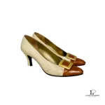 Pre-loved Yves Saint Laurent beige and tan two-tone leather heeled pumps, size 35.5, front view – secondhand designer, NZ
