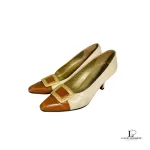 Yves Saint Laurent beige and tan two-tone leather heeled pumps, size 35.5, view 3