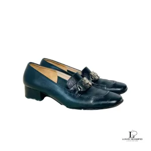 Pre-loved Salvatore Ferragamo black calf leather loafers, size US 4.5, front view – secondhand designer, NZ