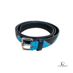 Pre-loved Prada black and blue two-tone leather belt, size 90, front view – secondhand designer, NZ