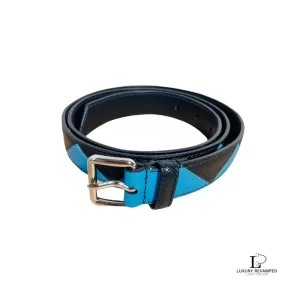 Pre-loved Prada black and blue two-tone leather belt, size 90, front view – secondhand designer, NZ