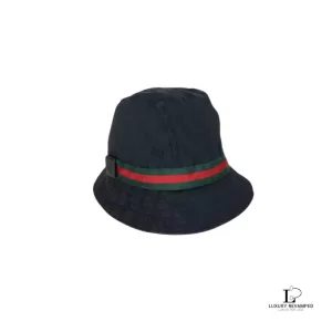 Pre-loved Gucci Sherryline Ophidia black bucket hat with cashmere and wool lining, size L, front view – secondhand designer, NZ