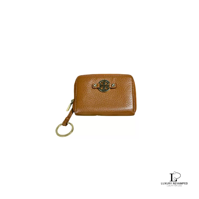 Pre-loved Tory Burch tan leather full zip compact card wallet, front view – secondhand designer, NZ