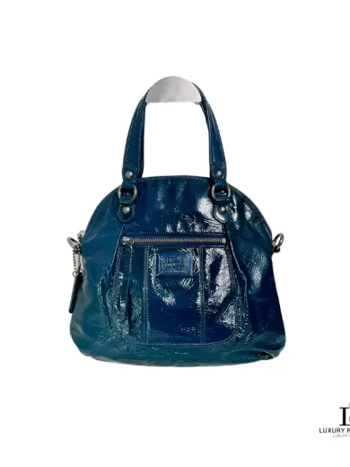 Pre-loved Coach Poppy blue green patent leather two-way handbag, front view – secondhand designer, NZ