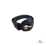Pre-loved Salvatore Ferragamo black leather belt with gold detail, size 75, front view – secondhand designer, NZ