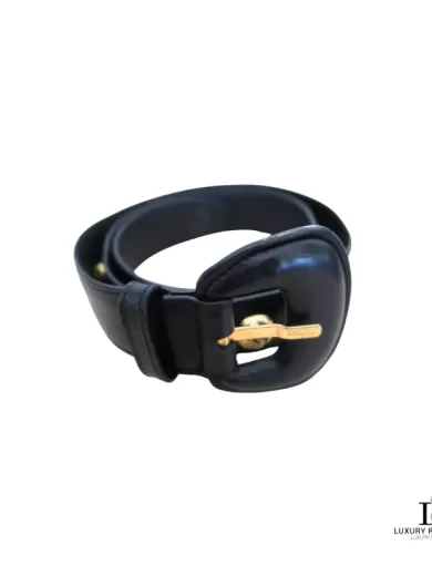 Pre-loved Salvatore Ferragamo black leather belt with gold detail, size 75, front view – secondhand designer, NZ