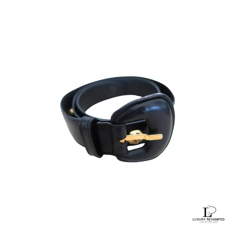 Pre-loved Salvatore Ferragamo black leather belt with gold detail, size 75, front view – secondhand designer, NZ