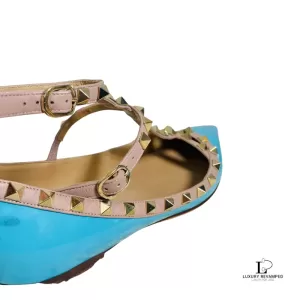 Pre-loved Valentino Garavani Rockstud sky blue patent leather pointed-toe flats, size 37.5, front view – secondhand designer, NZ