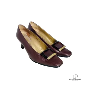 Pre-loved Yves Saint Laurent mahogany brown leather low-heel pumps, size 35.5, front view – secondhand designer, NZ