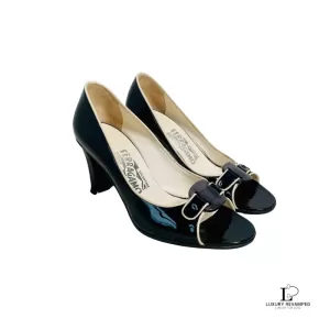 Pre-loved Salvatore Ferragamo black patent leather open-toe heels, size US 5.5, front view – secondhand designer, NZ