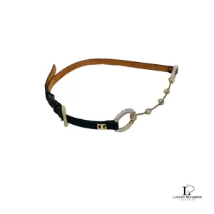 Pre-loved Dolce & Gabbana leopard print Swarovski crystal dress belt, size 80, front view – secondhand designer, NZ