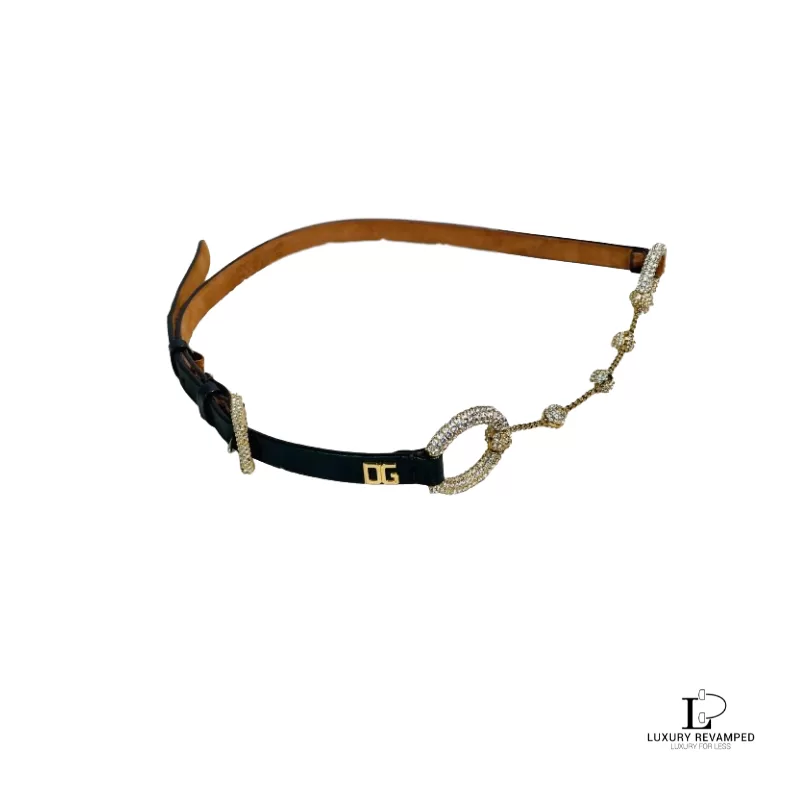 Pre-loved Dolce & Gabbana leopard print Swarovski crystal dress belt, size 80, front view – secondhand designer, NZ