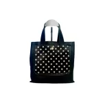 Pre-loved Furla black leather mini handbag with fur details, front view – secondhand designer, NZ