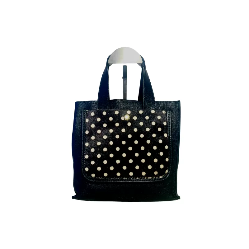 Pre-loved Furla black leather mini handbag with fur details, front view – secondhand designer, NZ