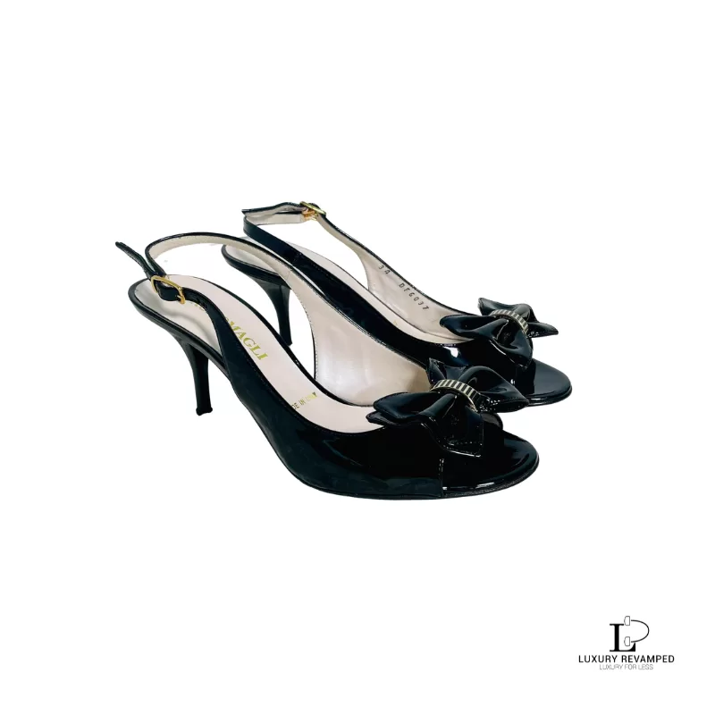 Pre-loved Bruno Magli black patent leather open-toe slingbacks, size 34, front view – secondhand designer, NZ