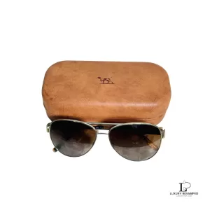 Pre-loved Burberry aviator sunglasses with gold frame and brown lenses, front view – secondhand designer, NZ