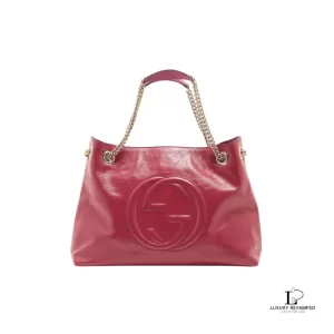 Pre-loved Gucci Soho magenta patent leather chain shoulder bag, front view – secondhand designer, NZ