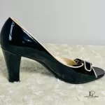 Salvatore Ferragamo black patent leather open-toe heels, size US 5.5, view 11