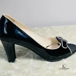 Salvatore Ferragamo black patent leather open-toe heels, size US 5.5, view 12