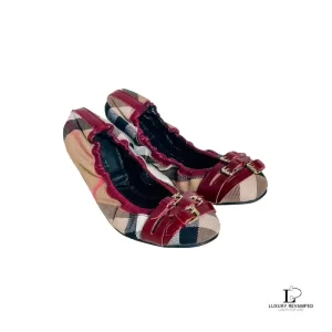 Pre-loved Burberry Falcon checkered maroon, brown and beige ballet shoes, size 37, front view – secondhand designer, NZ