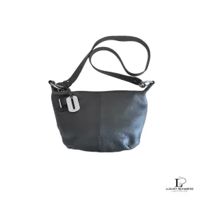 Pre-loved Furla dark grey leather crossbody bag, front view – secondhand designer, NZ