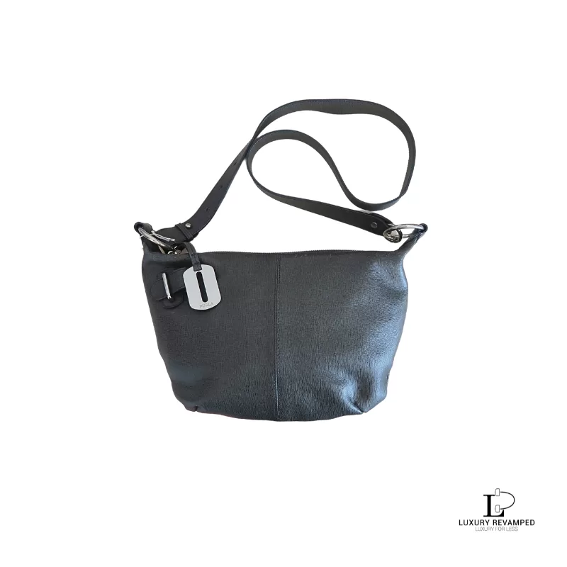 Pre-loved Furla dark grey leather crossbody bag, front view – secondhand designer, NZ