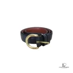 Pre-loved Coach navy blue cowhide leather dress belt with brass buckle, size M, front view – secondhand designer, NZ