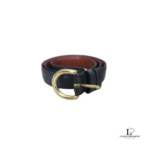 Pre-loved Coach navy blue cowhide leather dress belt with brass buckle, size M, front view – secondhand designer, NZ
