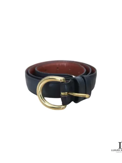 Pre-loved Coach navy blue cowhide leather dress belt with brass buckle, size M, front view – secondhand designer, NZ