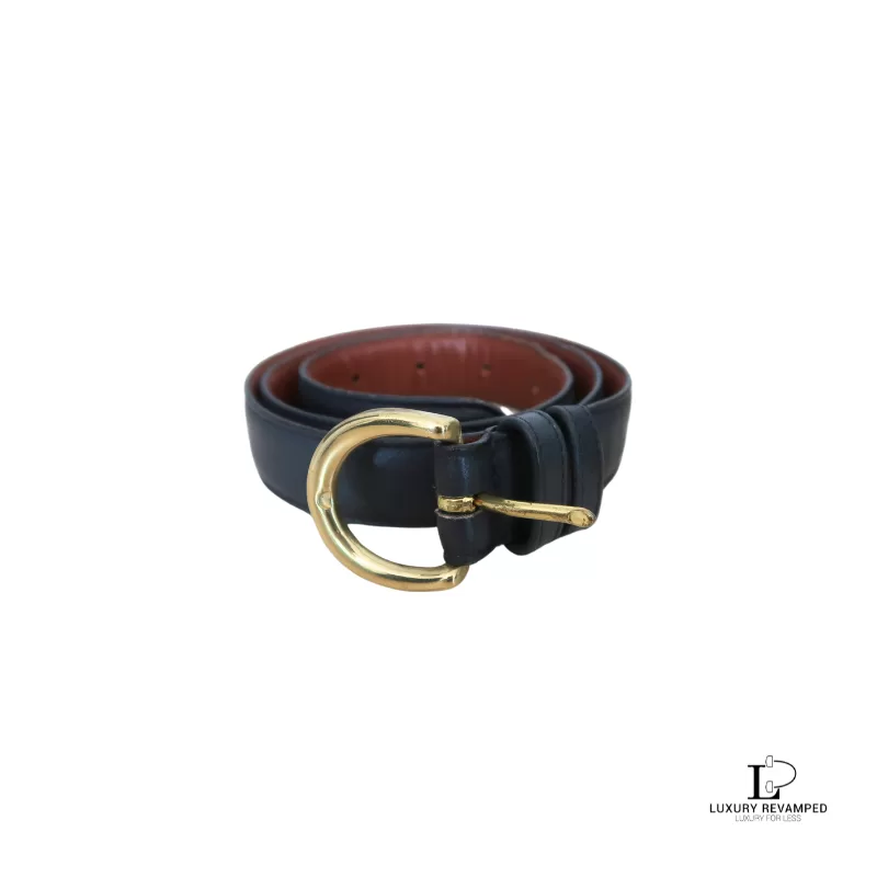 Pre-loved Coach navy blue cowhide leather dress belt with brass buckle, size M, front view – secondhand designer, NZ