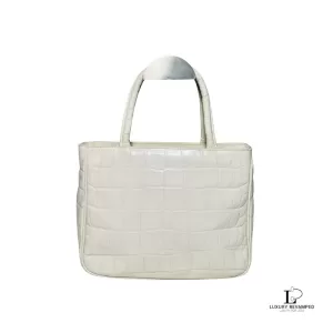 Pre-loved Furla cream moc croc small leather handbag, front view – secondhand designer, NZ