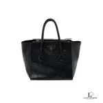 Pre-loved Prada Glace Fuoco dark navy calf leather two-way twin pocket bag BN2625, front view – secondhand designer, NZ