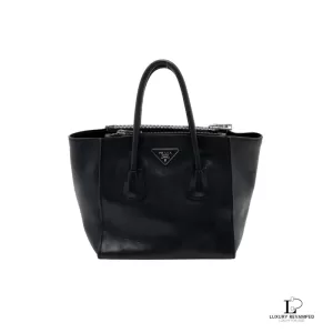Pre-loved Prada Glace Fuoco dark navy calf leather two-way twin pocket bag BN2625, front view – secondhand designer, NZ
