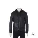 Pre-loved Emporio Armani men's reversible black and khaki sheepskin hoodie, size S, front view – secondhand designer, NZ