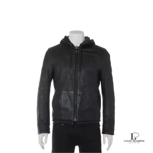 Pre-loved Emporio Armani men's reversible black and khaki sheepskin hoodie, size S, front view – secondhand designer, NZ