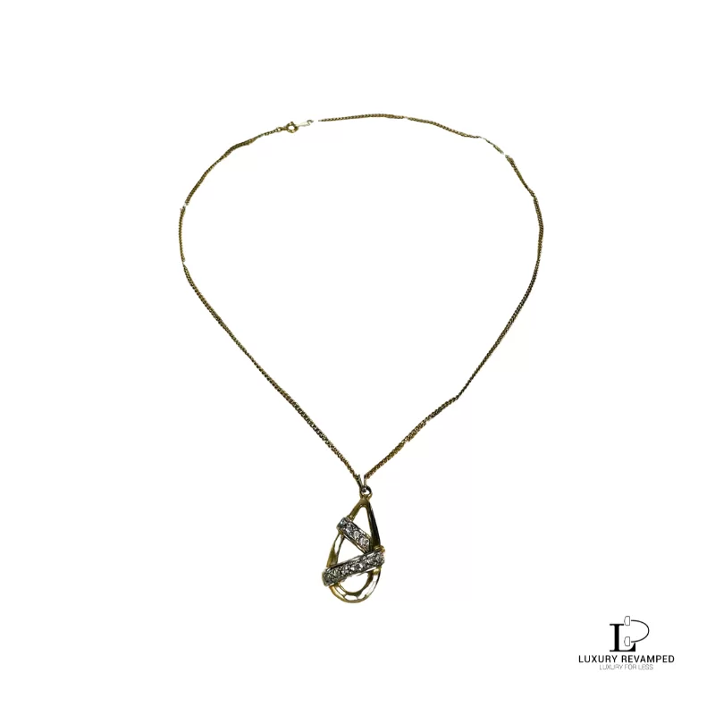 Pre-loved Pierre Cardin gold teardrop necklace with gems, front view – secondhand designer, NZ