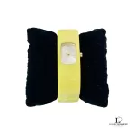 Pre-loved Furla yellow acrylic watch bangle with cream dial, front view – secondhand designer, NZ