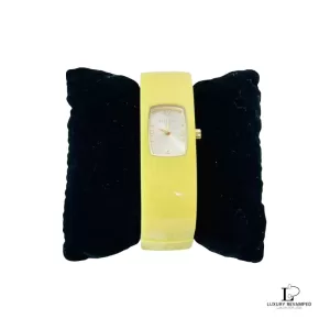 Pre-loved Furla yellow acrylic watch bangle with cream dial, front view – secondhand designer, NZ