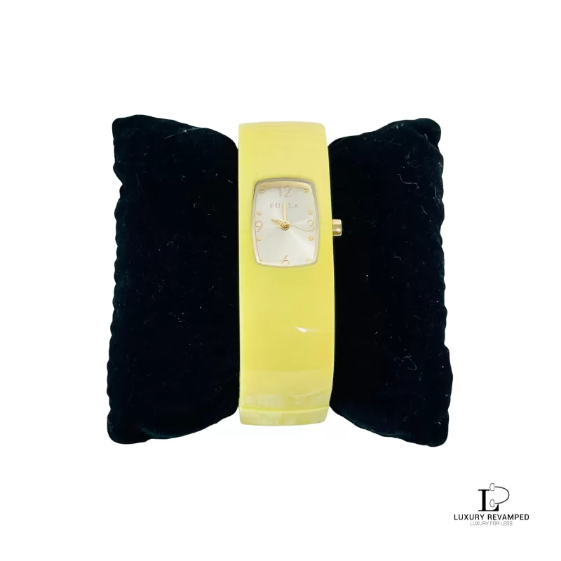 Pre-loved Furla yellow acrylic watch bangle with cream dial, front view – secondhand designer, NZ